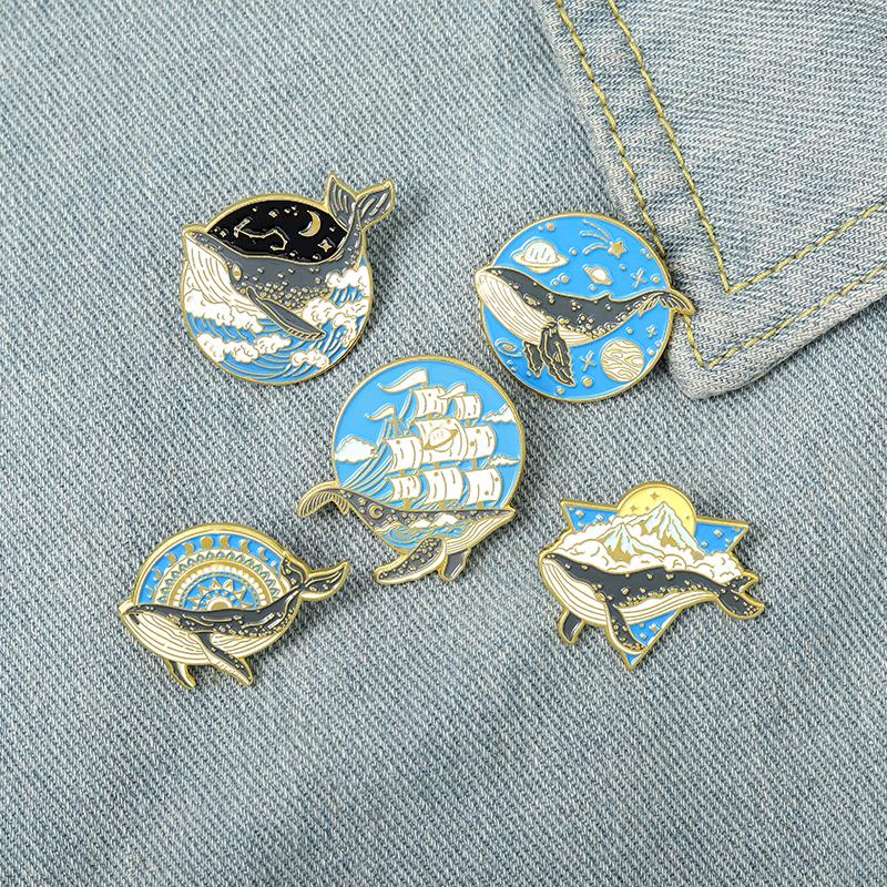Embroidery Whale - Эмалированные булавки с океанскими животными, Кит,